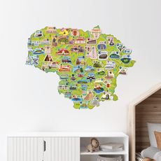 Lietuvos žemėlapis „Pažink Lietuvą“ su daugkartinio naudojimo lipdukais (miestų simboliais ir herbais)