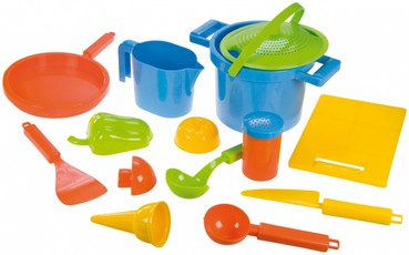 Žaislinis 14 dalių virtuvės indų rinkinys smėlio žaidimams