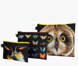 LOQI užsegamų krepšelių rinkinys smulkiems daiktams „Photo Ark Owl, Butterflies, Penguins“