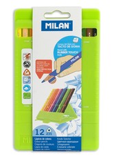 Spalvotų gumuotų trikampių pieštukų rinkinys MILAN, 12 sp. su dėžute– stovu