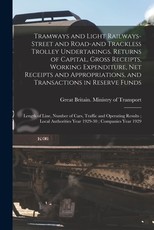 Tramways and Light Railways-street and Road-and Trackless Trolley Undertakings. Returns of Capital, Gross Receipts, Working Expenditure, Net Receipts and Appropriations, and Transactions in Reserve Funds; Length of Line, Number of Cars, Traffic And...