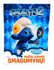 SMURFAI: Savimylos dovanų maišas-staigmena! Viduje: pūkuotas plakatas, flomasteriai, dvi vardo kortelės ir kitos smurfiškos staigmenos