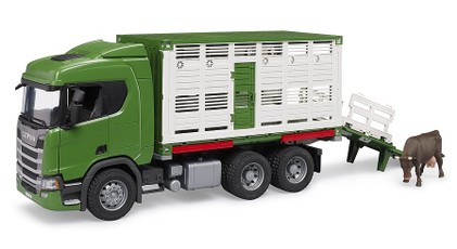 Žaislinis sunkvežimis Scania Super 560R su konteineriu ir karvės figūrėle