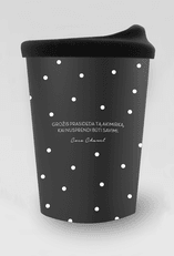 Retro porcelianinis kelioninis puodelis su COCO CHANEL citata: „Grožis prasideda tą akimirką, kai nusprendi būti savimi“