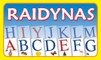 Raidynas. Rinkinį sudaro: dėžutė, 70 raidžių su iliustruotomis kortelėmis