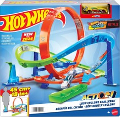 Hot Wheels Action Loop Cyclone — lenktynių trasos rinkinys su 1:64 mastelio žaisliniu automobilėliu, kompaktiškas laikymas