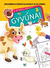Gyvūnai: spalvinimo ir užduotėlių knygelė su lipdukais 3–4 metų vaikams