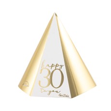 Popierinės kepurėlės „Happy 30“, baltos / auksinės, 4 vnt.