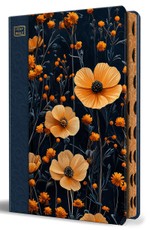 KJV Holy Bible, Large Print, Handy Size Format, Hardcover, Dark Blue and Orange Flower, Page Edge Design, Thumb Index, Ribbon Marker, and Red Letter