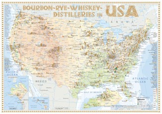 Bourbon-Rye-Whiskey Distilleries in USA - Tasting Map 34x24cm