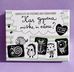 Kortelės su piešinėliais kūdikiams „Kas gyvena miške ir ežere?“