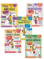 Serijos „Šuniukas Mokas“ 5 knygelių rinkinys: Abėcėlė + Mokausi skaityti (2) + Skaičiuoju + Anglų kalba + Gamtos pažinimas