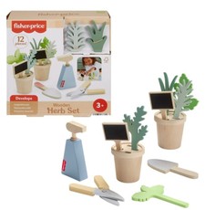 Medinis mažas sodininkas, medinių augalų ir įrankių rinkinys.