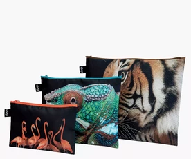 LOQI užsegamų krepšelių rinkinys smulkiems daiktams „Photo Ark Tiger, Chameleon, Flamingos“