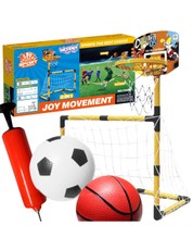 2 viename sporto rinkinys: krepšinis, futbolo vartai, kamuoliai ir pompa WOOPIE