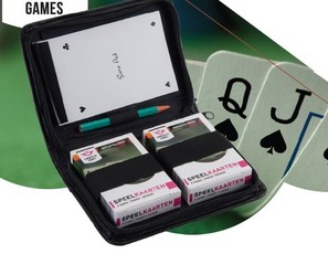 2 kortų kaladžių rinkinys su dėklu, užrašų knygele ir pieštuku