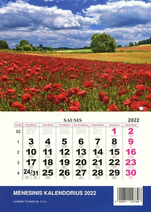 2022 m. sieninis mėnesinis kalendorius Pieva