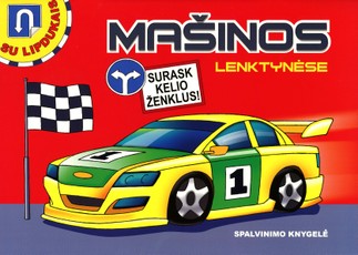 Mašinos lenktynėse. Surask kelio ženklus! (spalvinimo knygelė su lipdukais)
